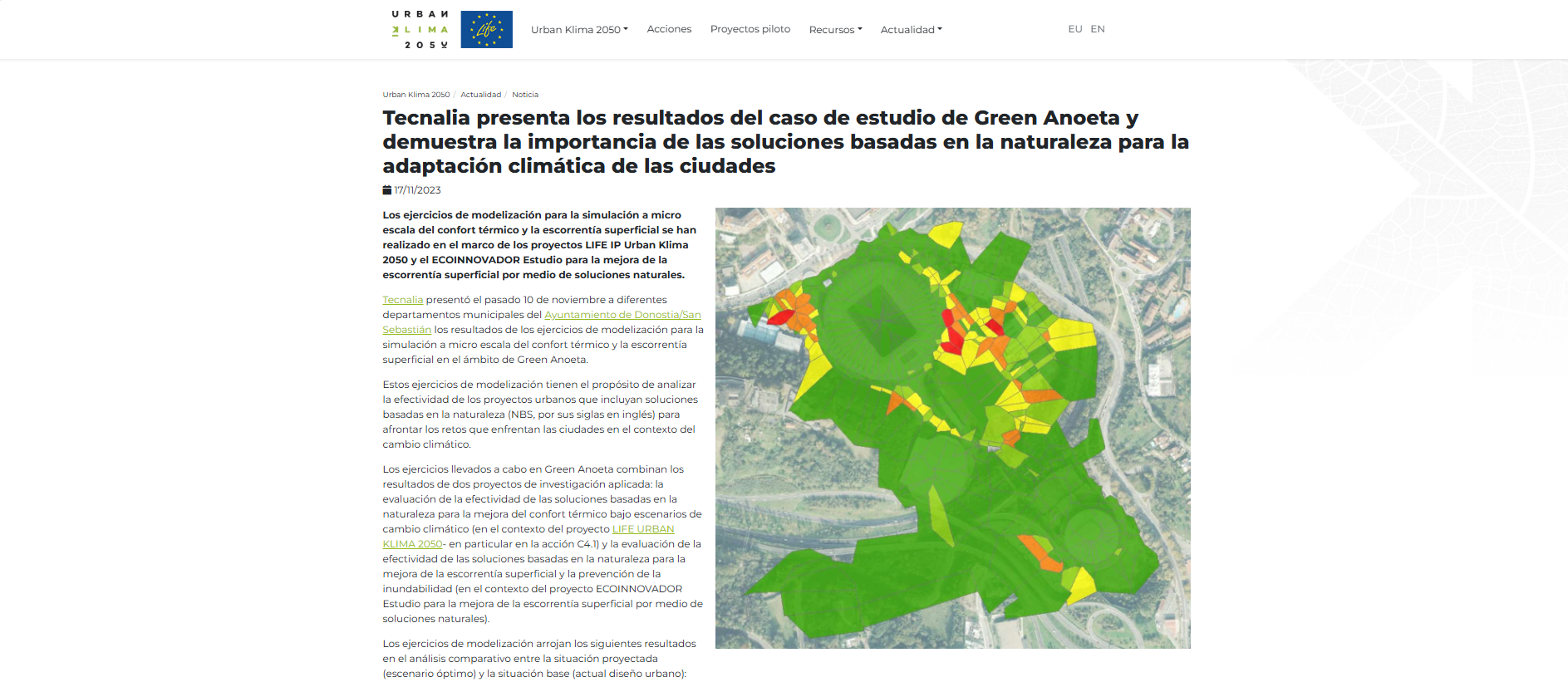 Tecnalia presenta los resultados del caso de estudio de Green Anoeta y demuestra la importancia de las soluciones basadas en la naturaleza para la adaptación al cambio climático de las ciudad