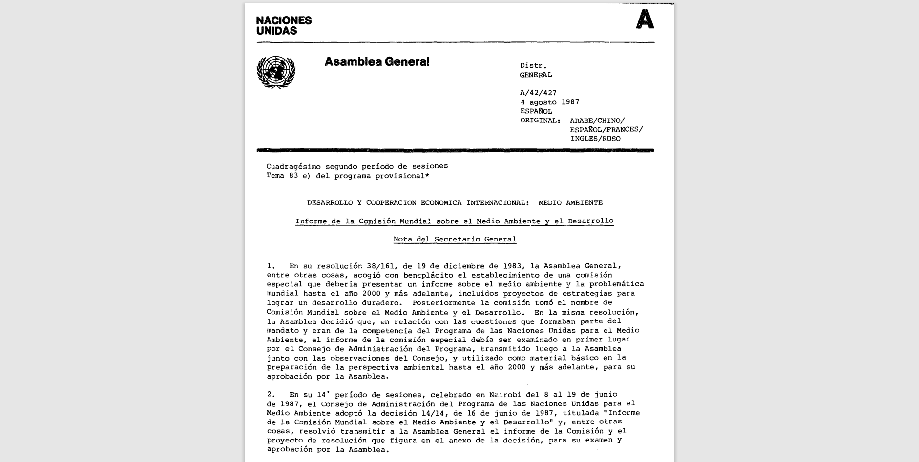 Informe de la Comisión Mundial sobre Medio Ambiente y el Desarrollo: Nuestro futuro común
